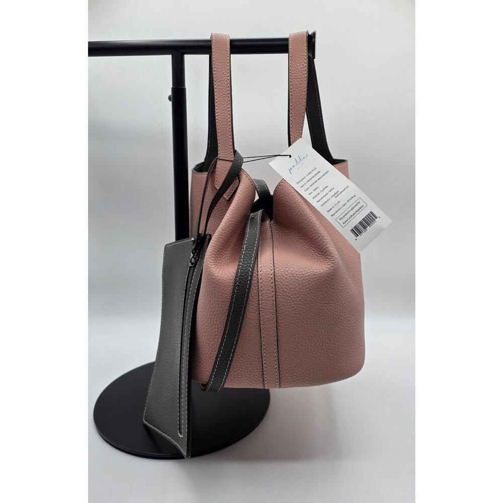 NWT Palla Korea Pebbled Leather Bucket Tote Pink Gray Shoulder Bag Pouch
